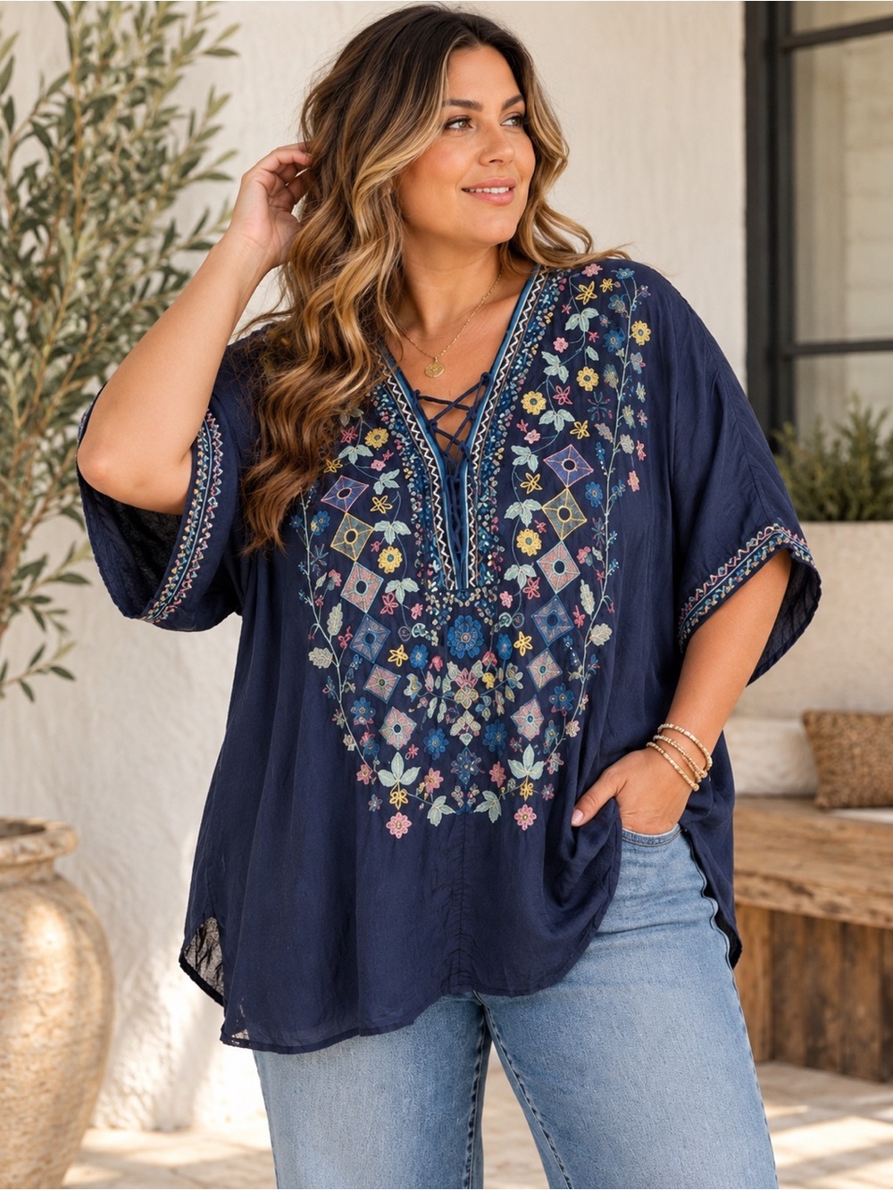 Johnny Was Biya Hendaya Embroidered Tunic Sz 2X dopamine old money #735